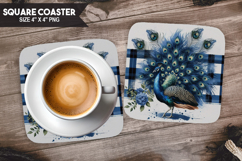Peacock, Animal coaster, Buffalo Plaid Square Coaster PNG Product Image 1
