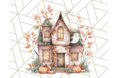 Watercolor Halloween Cottage Clipart, Ghosts &amp; Pumpkins Png Product Image 3