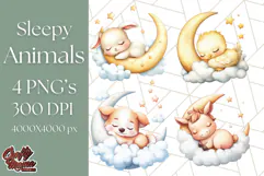 Sleeping Baby Animals PNG, Moon and Stars Nursery Clipart Product Image 1