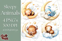 Sleeping Baby Animals PNG, Moon and Stars Nursery Clipart Product Image 1