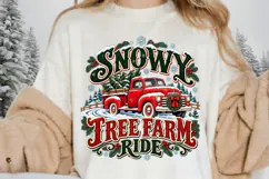 Snowy Tree Farm Ride Red Truck PNG - Vintage Christmas Tree Product Image 2