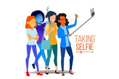 Girls Taking Selfie Vector. Photo Portrait Concept. Self Product Image 1