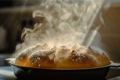 Fresh baked bread in cast iron pan with rising steam Product Image 1