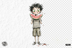 Whimsical Summer Boy &amp; Watermelon Clipart Product Image 1