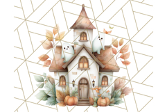 Watercolor Halloween Cottage Clipart, Ghosts &amp; Pumpkins Png Product Image 4