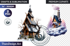 Watercolor Winter Landscape Snowy Cabin Illustration png Product Image 1