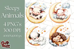 Sleeping Baby Animals PNG, Moon and Stars Nursery Clipart Product Image 1