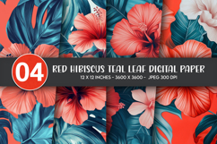 Red Hibiscus Teal Leaf Digital Paper Product Image 1