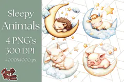 Sleeping Baby Animals PNG, Moon and Stars Nursery Clipart Product Image 1