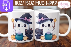 Cute Halloween mug wrap PNG, Cute Witch Ghost mug template Product Image 1