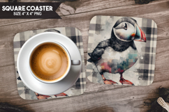 Puffin, Animal coaster, Buffalo Plaid Square Coaster PNG Product Image 1