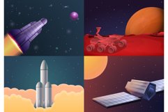 Modern space research technology banner set, cartoon style Product Image 1