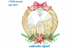christmas watercolor wreath. scandinavian village. watercolo Product Image 1