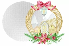 christmas watercolor wreath. scandinavian village. watercolo Product Image 2