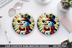 Snowman Car Coaster Sublimation|Christmas Coaster PNG Design Product Image 1