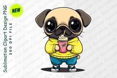 Cartoon Pug Dog Drinking Smoothie With Yellow Hoodie Clipart Product Image 1