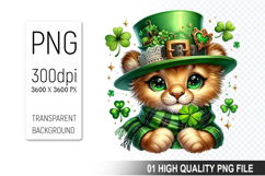 St. Patrick’s Day Cat with Hat Clipart, Shamrocks PNG Product Image 1