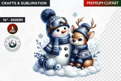 Blue Snowman and reindeer Clipart, Christmas PNG, winter png Product Image 1
