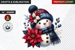 Blue Snowman Clipart, Christmas PNG, poinsettia clipart Product Image 1