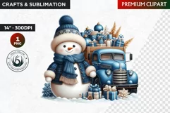 Blue Snowman and truck Clipart,Christmas PNG,winter clipart Product Image 1