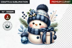 Blue Snowman with gift Clipart, Christmas PNG, winter sports Product Image 1