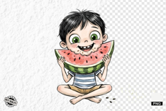 Whimsical Summer Boy &amp; Watermelon Clipart Product Image 1