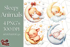 Sleeping Baby Animals PNG, Moon and Stars Nursery Clipart Product Image 1
