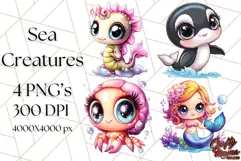 Cute Sea Creatures Clipart, Mermaid, Seahorse, Crab PNG Product Image 1