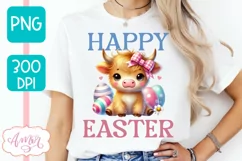 Happy Easter sublimation PNG, Cute highland cow PNG design Product Image 4