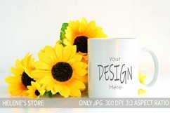 White coffee mug mockups with bouquet sunflowers