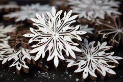 Wooden snowflake decorations on dark surface Product Image 1