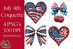 Coquette 4th of July Png, Patriotic Hearts and Bows Clipart Product Image 1