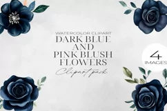 Dark Blue & Blush Pink Flowers Clipart PNG. Product Image 1