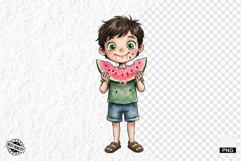 Whimsical Summer Boy &amp; Watermelon Clipart Product Image 1