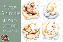 Sleeping Baby Animals PNG, Moon and Stars Nursery Clipart Product Image 1