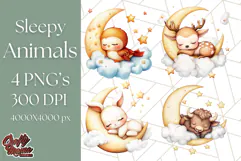 Sleeping Baby Animals PNG, Moon and Stars Nursery Clipart Product Image 1