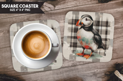 Puffin, Animal coaster, Buffalo Plaid Square Coaster PNG Product Image 1
