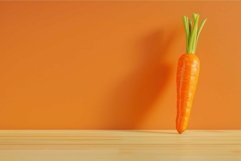Single carrot standing upright on wooden table against orang Product Image 1