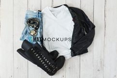 White shirt mockup women, jeans biker leather styled flatlay Product Image 1