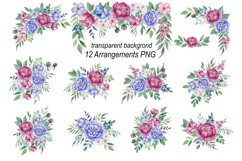 Watercolor set of flowers. Burgundy and blue peonies clipart Product Image 2