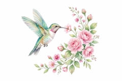 Watercolor delicate hummingbird hovering near pink flowers Product Image 1