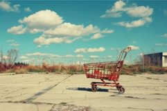 Old rusty shopping cart abandoned in empty parking lot under Product Image 1