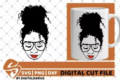 Black Woman with Messy Bun svg, Curly Hair svg, Glasses svg Product Image 1
