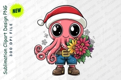Cute Cartoon Octopus Wearing Santa Hat Holding Clipart Product Image 1