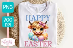 Happy Easter sublimation PNG, Cute highland cow PNG design Product Image 2
