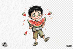 Whimsical Summer Boy &amp; Watermelon Clipart Product Image 1