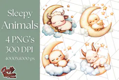 Sleeping Baby Animals PNG, Moon and Stars Nursery Clipart Product Image 1