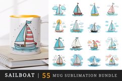 55 watercolor cute sailboat sail boat ship yacht sea waves ocean summer marine in charming and humorous style design wrap sublimation bundle for mug
