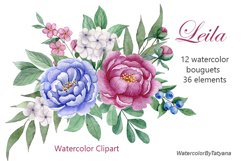 Watercolor set of flowers. Burgundy and blue peonies clipart Product Image 1