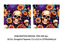 Sculls with Flowers - Halloween Tumbler Wrap Design PNG Product Image 2